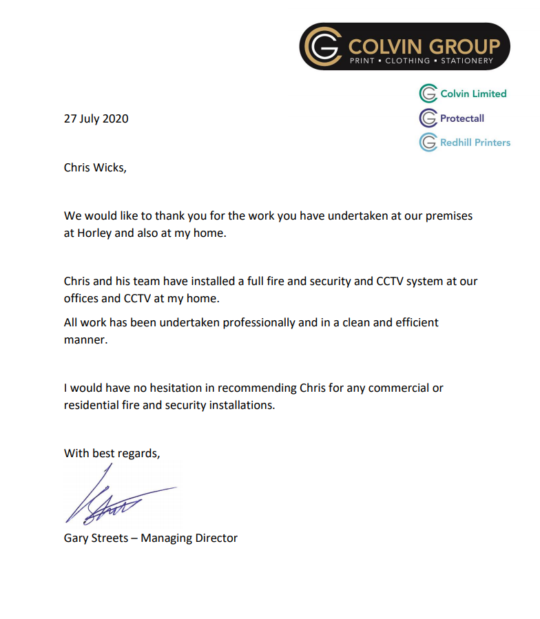 Fire, Security and CCTV System in Crawley Testimonial Fire, Security and CCTV System in Crawley Testimonial